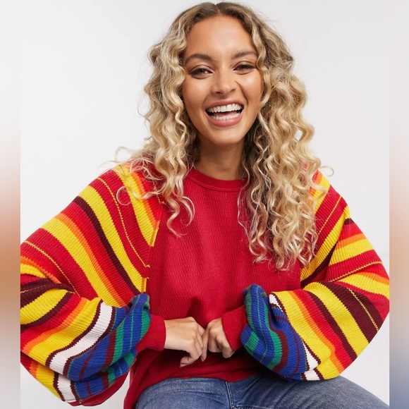 Free People We the Free Rainbow Dreams Balloon Sleeve Pullover Textured Sweater - Picture 1 of 6